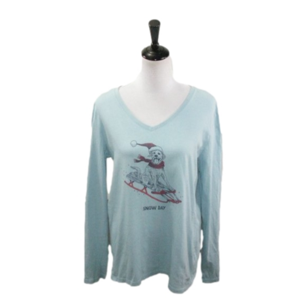 Life Is Good Snow Day Dog Graphic V-Neck Long Sleeve Size Large